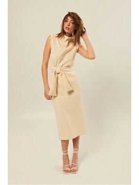 Hilary MacMillian Rib Knit Wrap Belted Cream Midi Dress